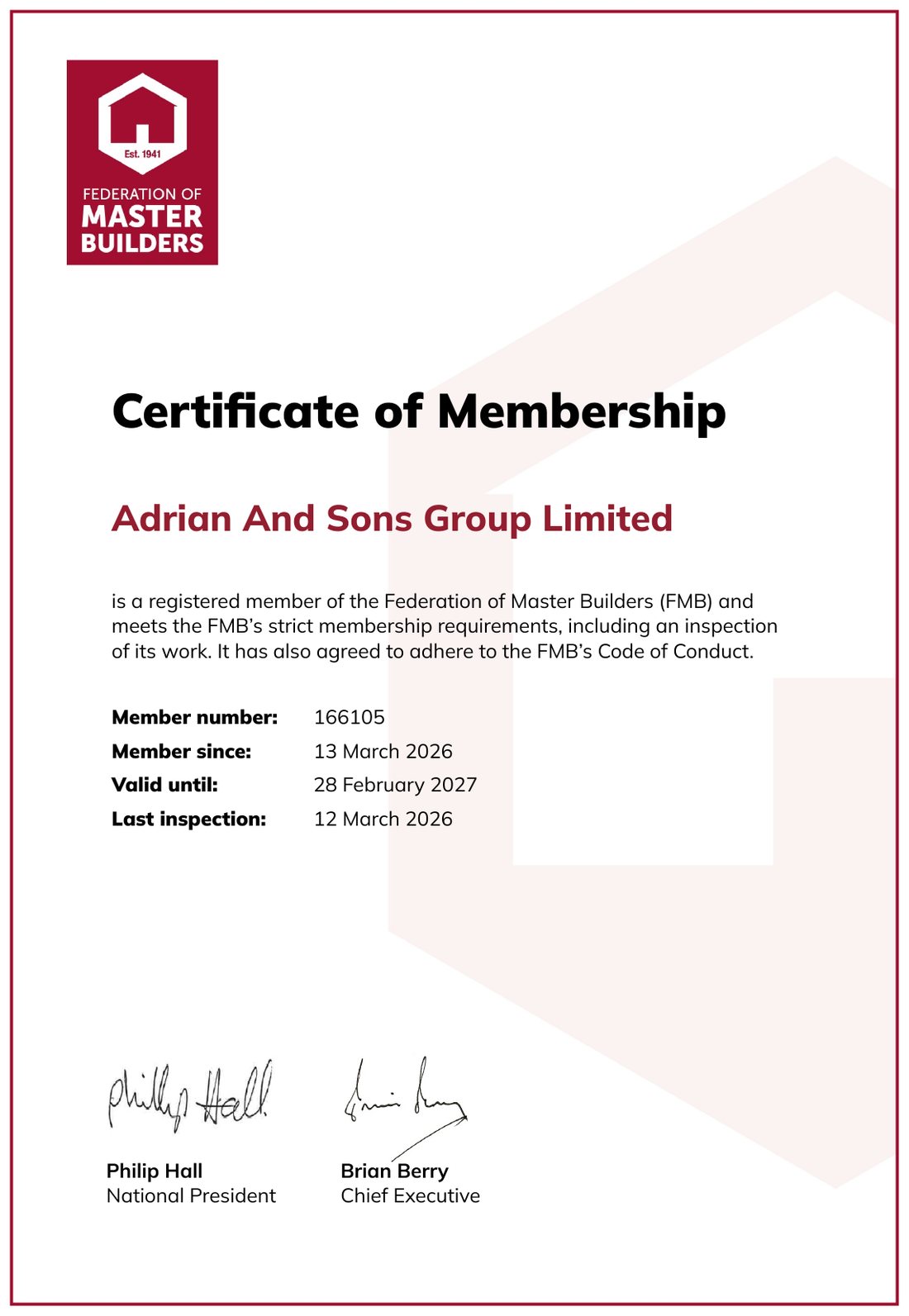 FMB Certificate of Membership issued to Adrian And Sons Group Limited, member number 166105