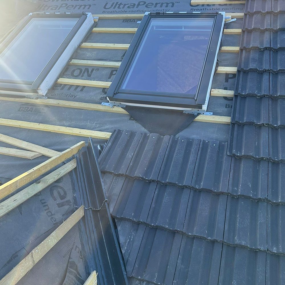 Roof window installation viewed from above the roof